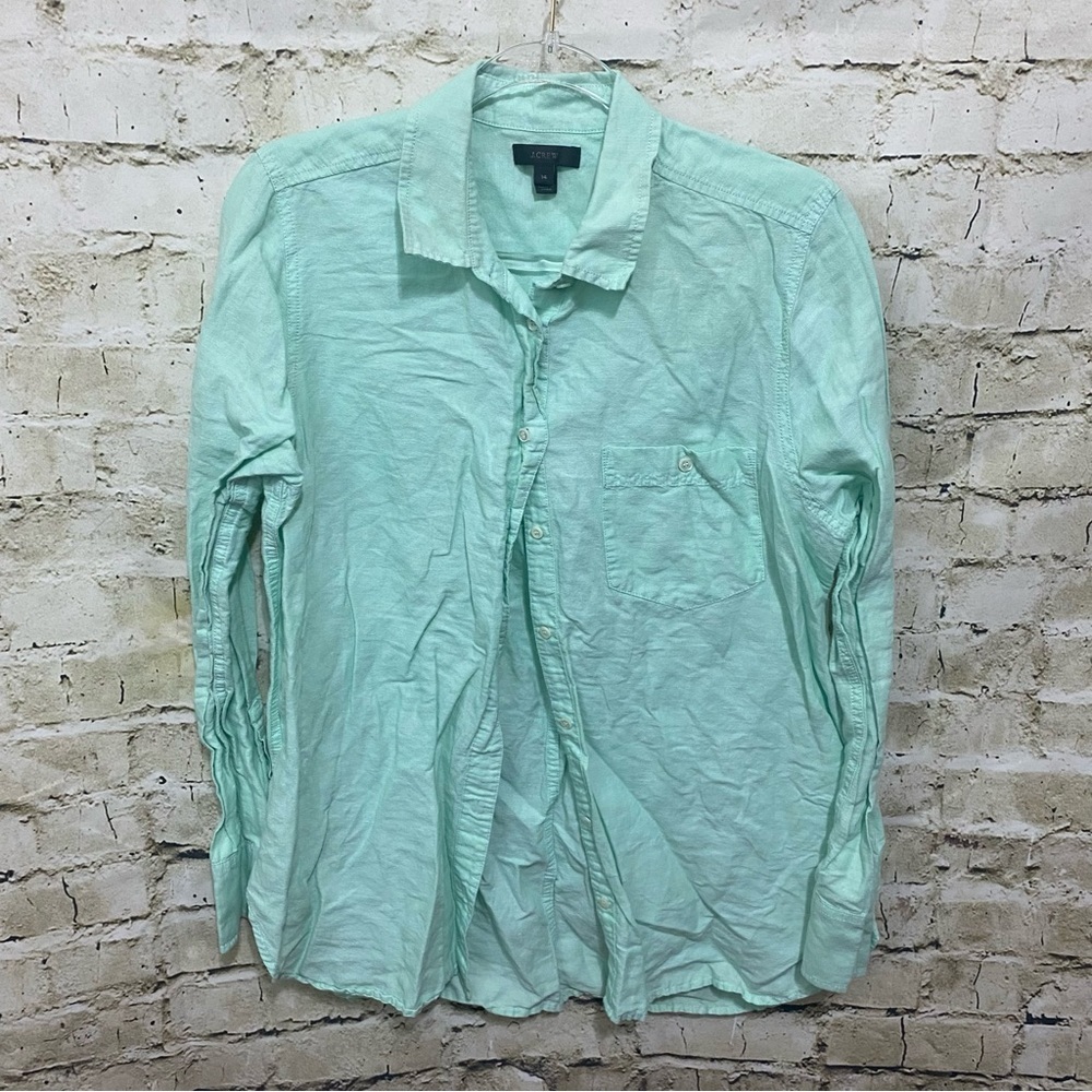 J Crew Green Cotton Linen Tunic Top Button Up Boy Shirt
